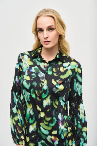 Satin Abstract Print Button-Down Blouse