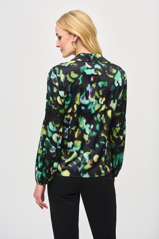 Satin Abstract Print Button-Down Blouse