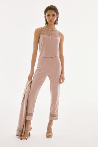 Silky Knit And Rhinestone Mesh Pants