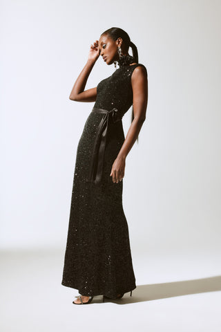 Sequined Gown With Satin Sash