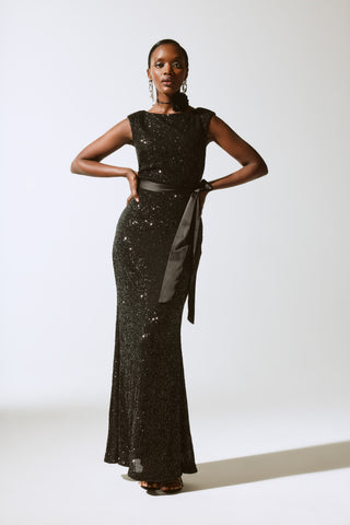 Sequined Gown With Satin Sash