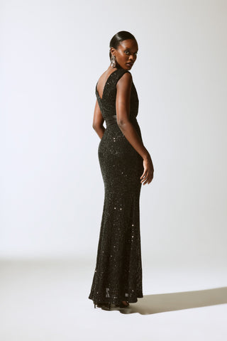 Sequined Gown With Satin Sash