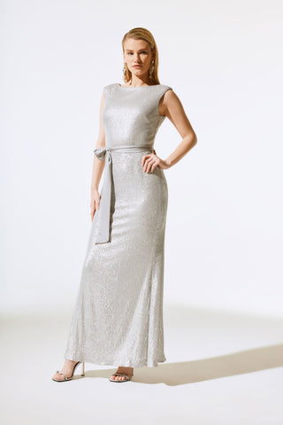 Sequined Gown With Satin Sash