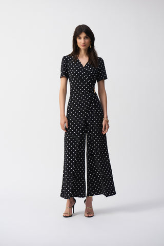 Silky Knit Dot Print Wrap Culotte Jumpsuit