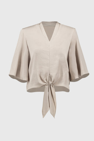 Satin V-Neck Top with Front Tie