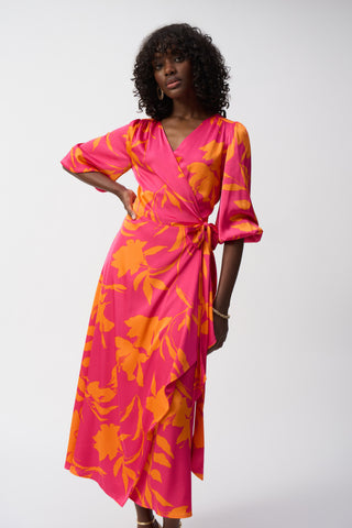 Satin Floral Printed Wrap Dress