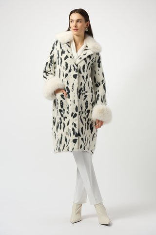 Animal Jacquard Coat with Faux Fur Trim