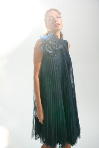 Signature Mesh And Lace A-Line Dress With Organza Flower Detail