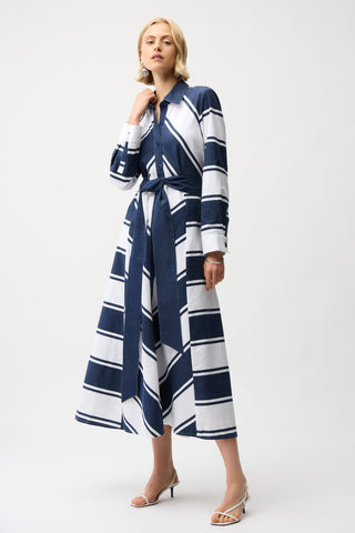 Cotton Stripe Print Fit and Flare Shirt Dress with Reversible Sash