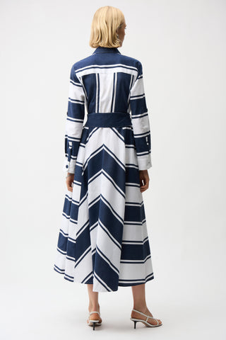 Cotton Stripe Print Fit and Flare Shirt Dress with Reversible Sash