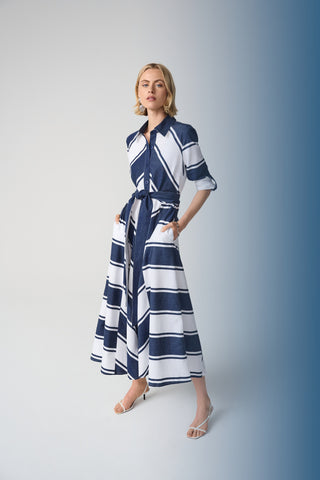 Cotton Stripe Print Fit and Flare Shirt Dress with Reversible Sash