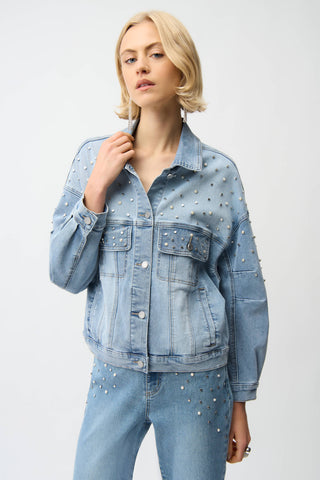 Denim Oversized Jacket With Pearls and Studs