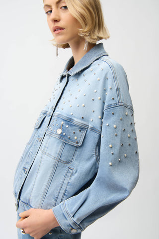 Denim Oversized Jacket With Pearls and Studs