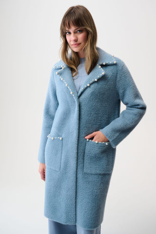 Feather Yarn Sweater Coat with Pearl Trim