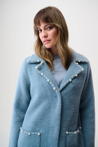 Feather Yarn Sweater Coat with Pearl Trim